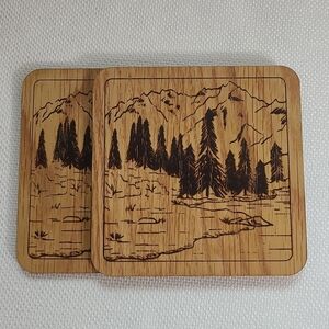 Set of two natural wood coasters, mountain, trees, lake NWOT